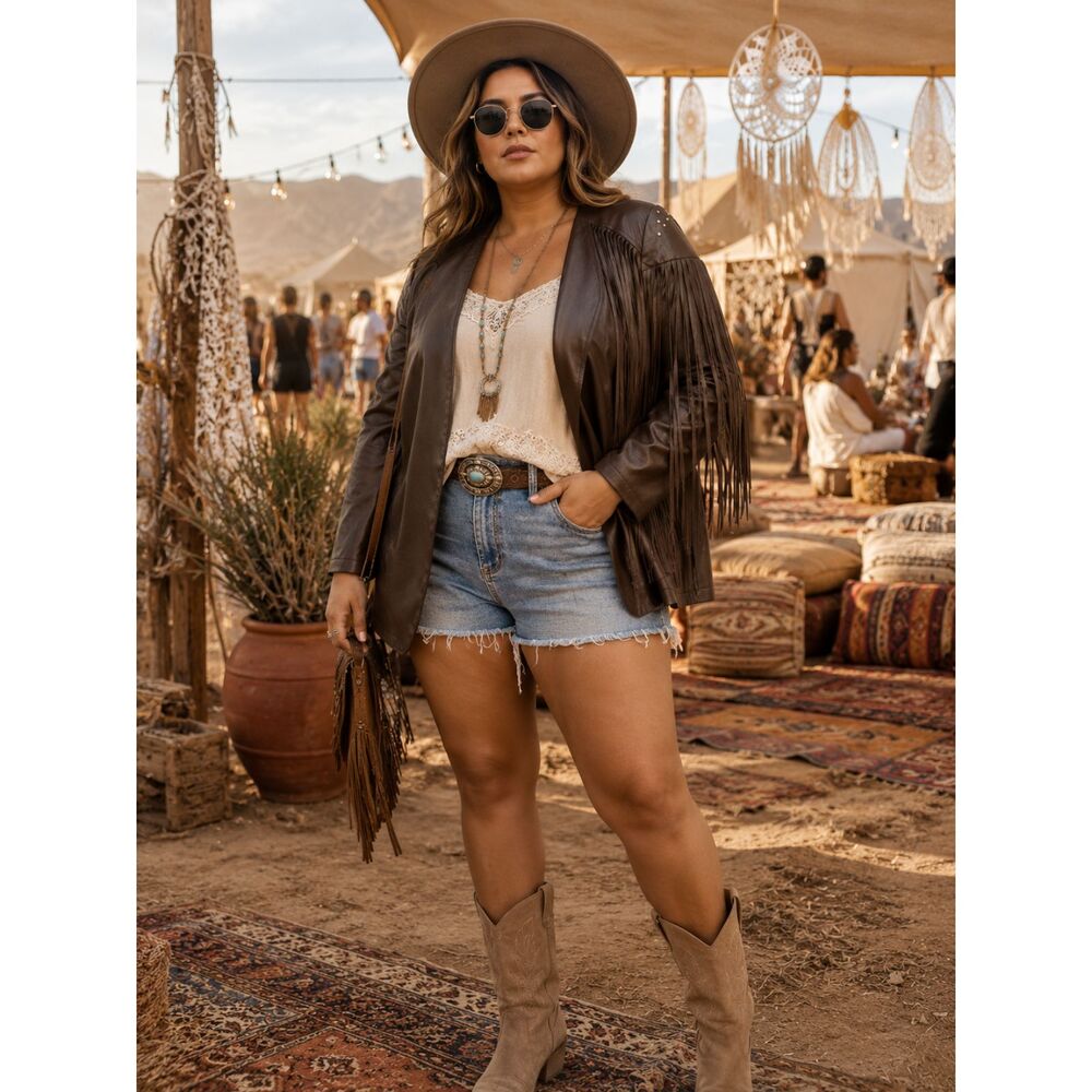 Cato Plus Size Boho Western Brown Fringe Studded Faux Leather Jacket 18 / 20 XL